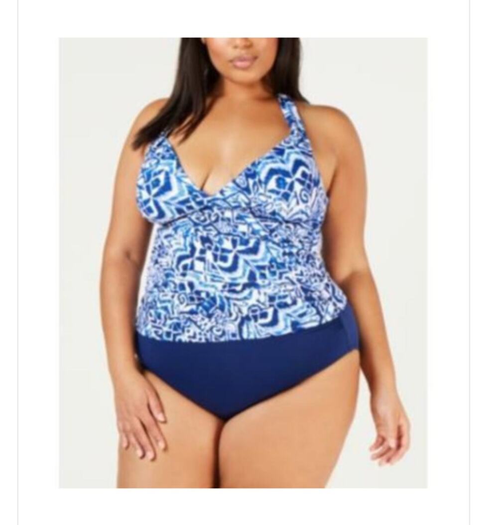 Lauren Ralph Blue Tribal Ikat Halter Tankini Top Size 22W Swimsuit NWT $106